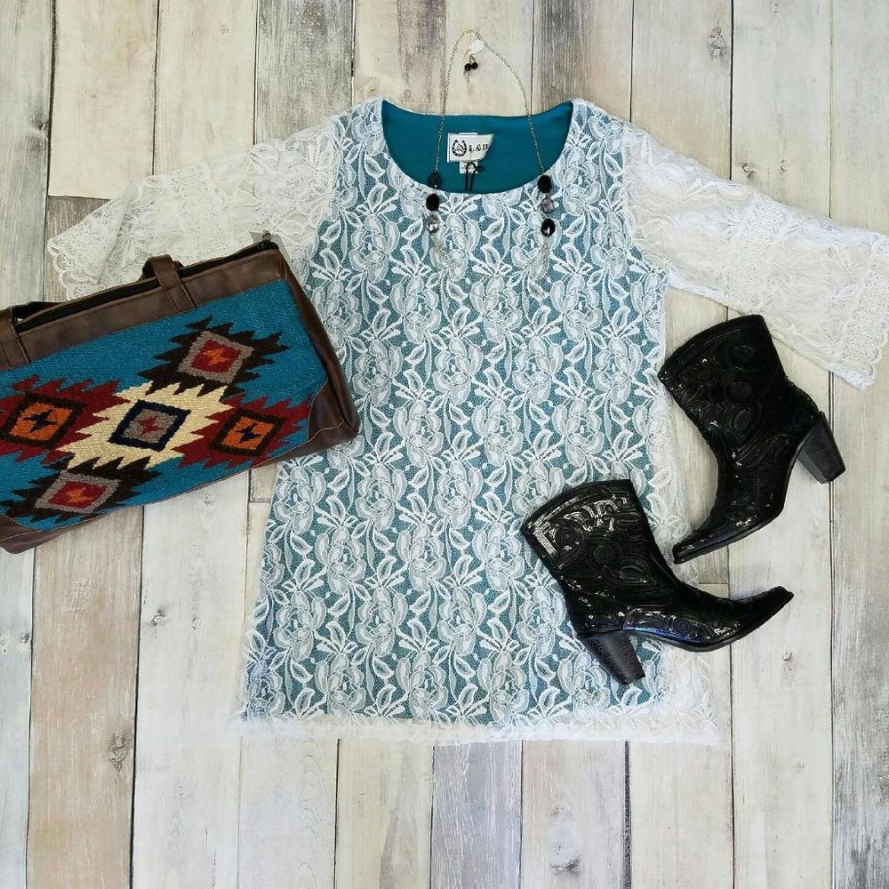 Stretch Turquoise Dress with White Lace Overlay